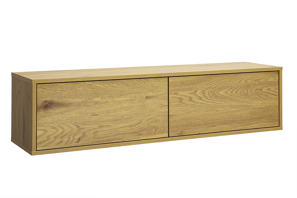 Mobile TV murale in legno chiaro rovere, vista a 3/4, L120 cm, design moderno ed essenziale.