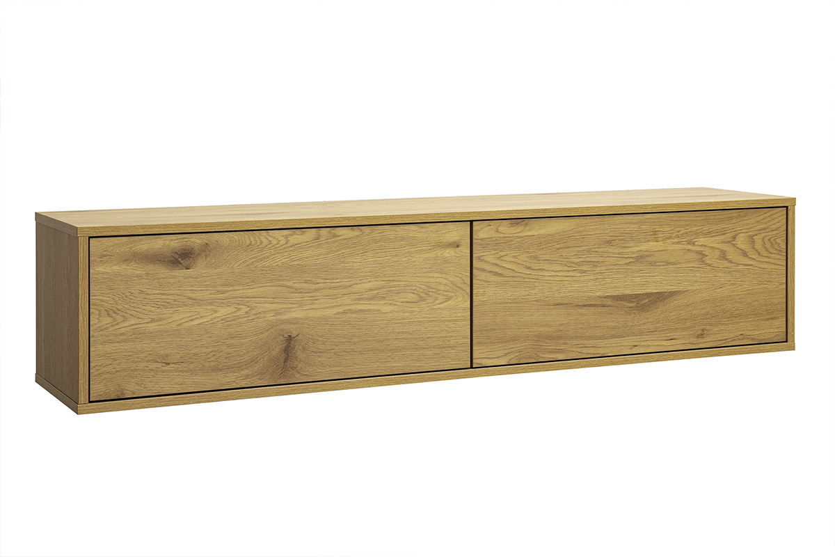 Mobile TV da parete in legno chiaro di quercia, vista 3/4, lunghezza 140 cm, con due cassetti senza maniglie.