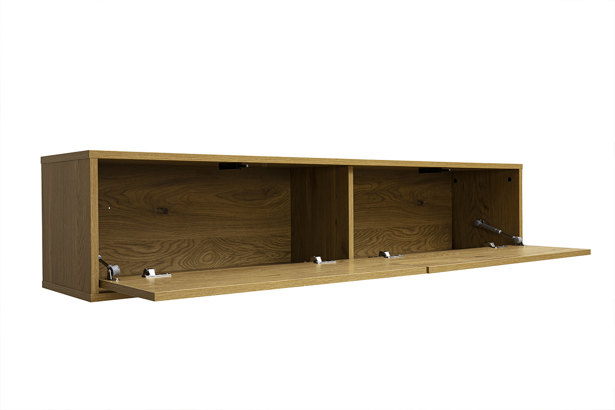 Meuble TV mural en legno chiaro di quercia da 140 cm, vista a 3/4 con cassetti aperti.