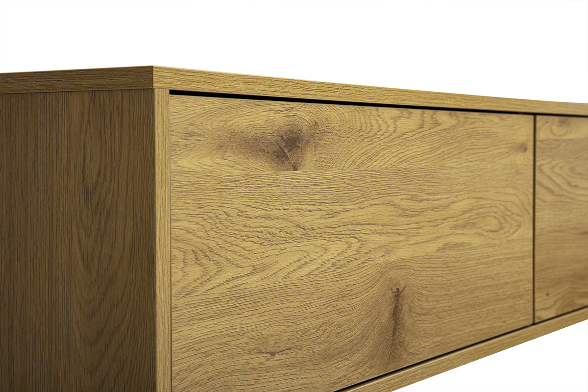 Mobile TV sospeso FLEXO in finitura legno chiaro rovere, vista in 3/4 che mostra la texture del legno.