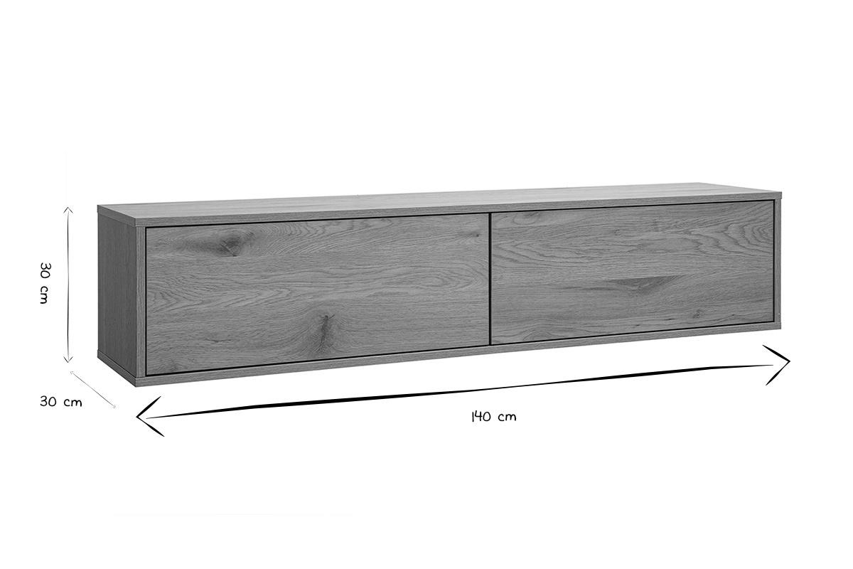 Dimensioni del mobile TV da parete FLEXO in bianco e nero: 140 cm di lunghezza, 30 cm di altezza e 30 cm di profondit�.