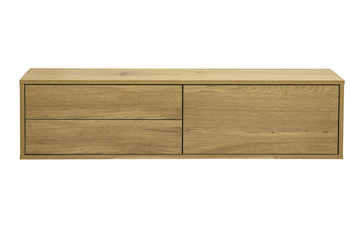 Mobile TV a parete finitura legno chiaro rovere con due cassetti e una nicchia, vista frontale