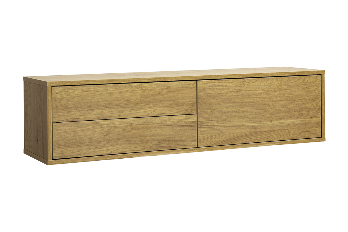 Mobile TV murale con finitura in legno chiaro rovere, vista a 3/4, lunghezza 120 cm, con cassetti e nicchia.