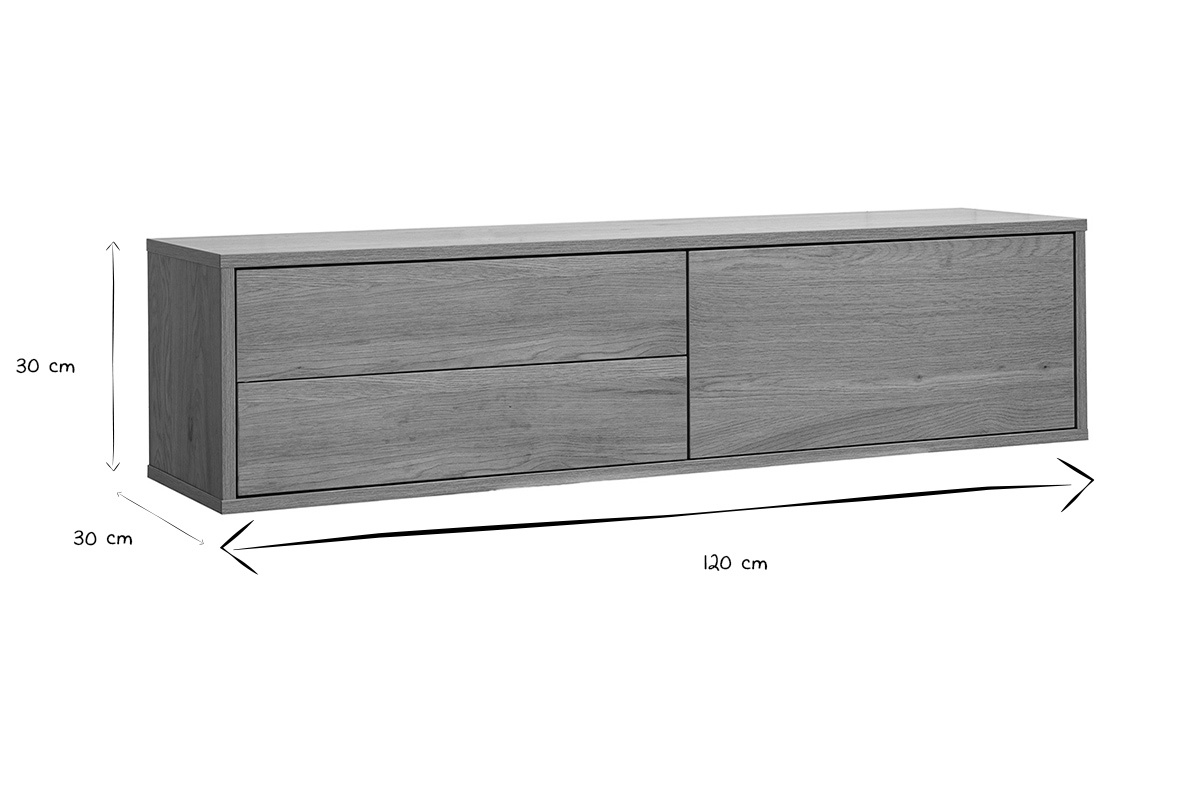 Dimensioni del mobile TV sospeso in bianco e nero: 120 cm di lunghezza, 30 cm di altezza, 30 cm di profondit�.