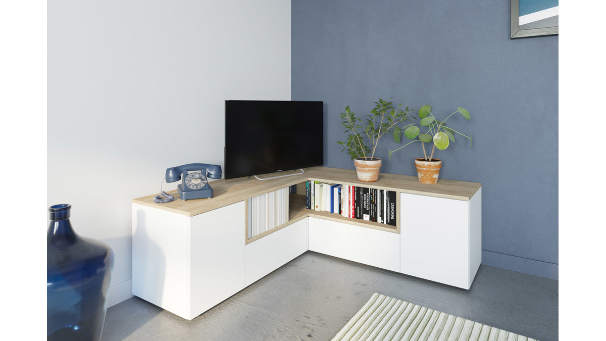 Mobile TV d'angolo design legno e bianco  QUADRA