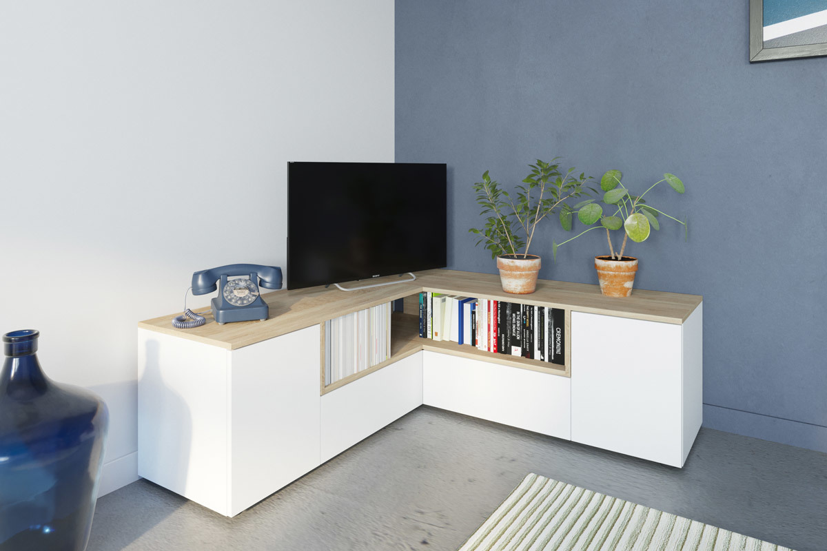 Mobile TV d'angolo design legno e bianco  QUADRA