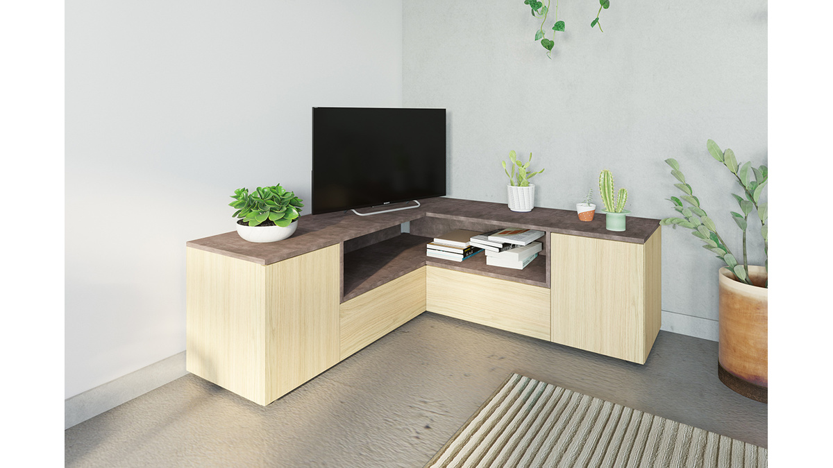 Mobile TV d'angolo design legno e grigio cemento QUADRA