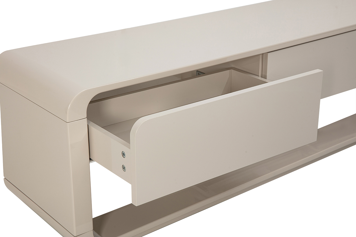 Mobile TV beige lucido con cassetto aperto, vista laterale.