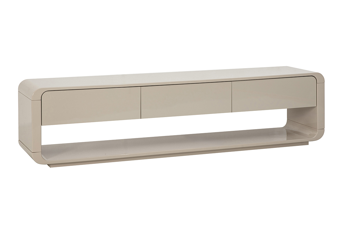 Mobile TV beige lucido, 3 cassetti, vista da 3/4.