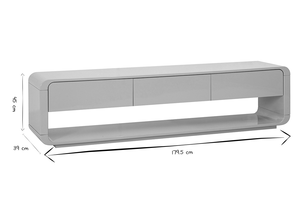 Mobile TV con tre cassetti in nero e bianco, dimensioni 179,5x39x45 cm.
