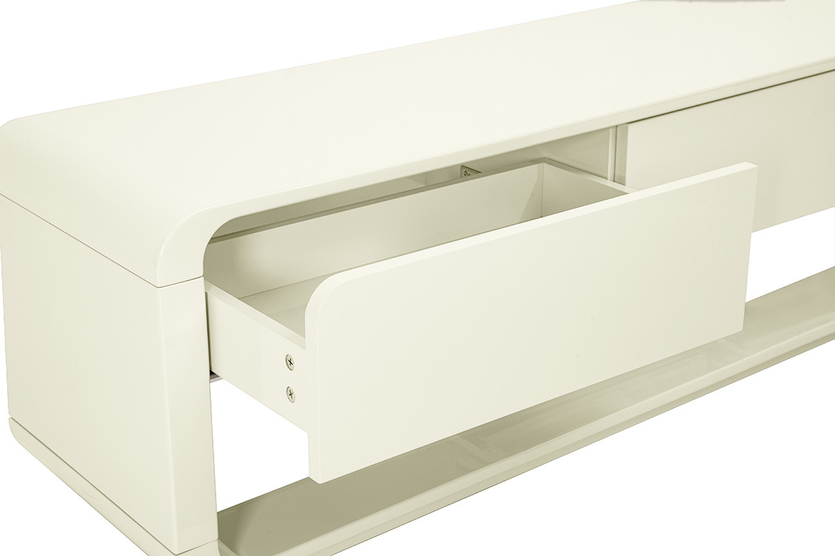 Mobile TV beige lucido, un cassetto aperto, vista ingrandita.