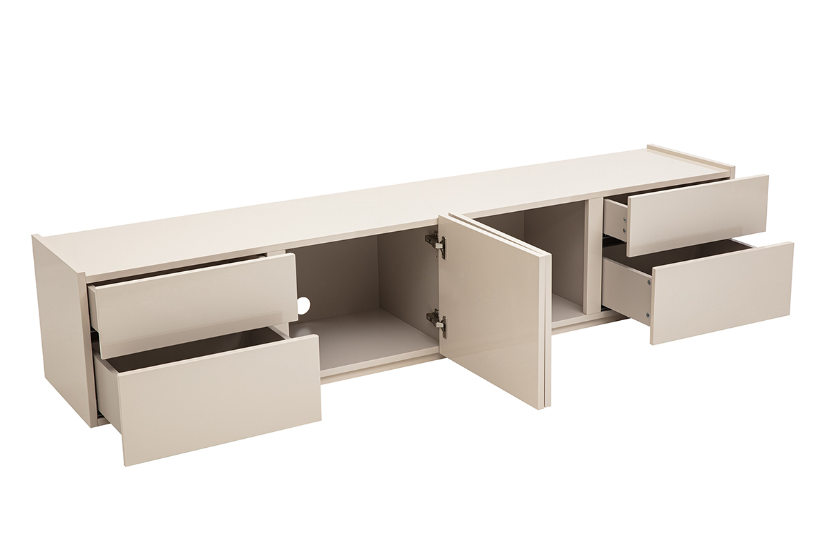 Mobile porta TV beige lucido con cassetti e porte aperte, vista laterale.