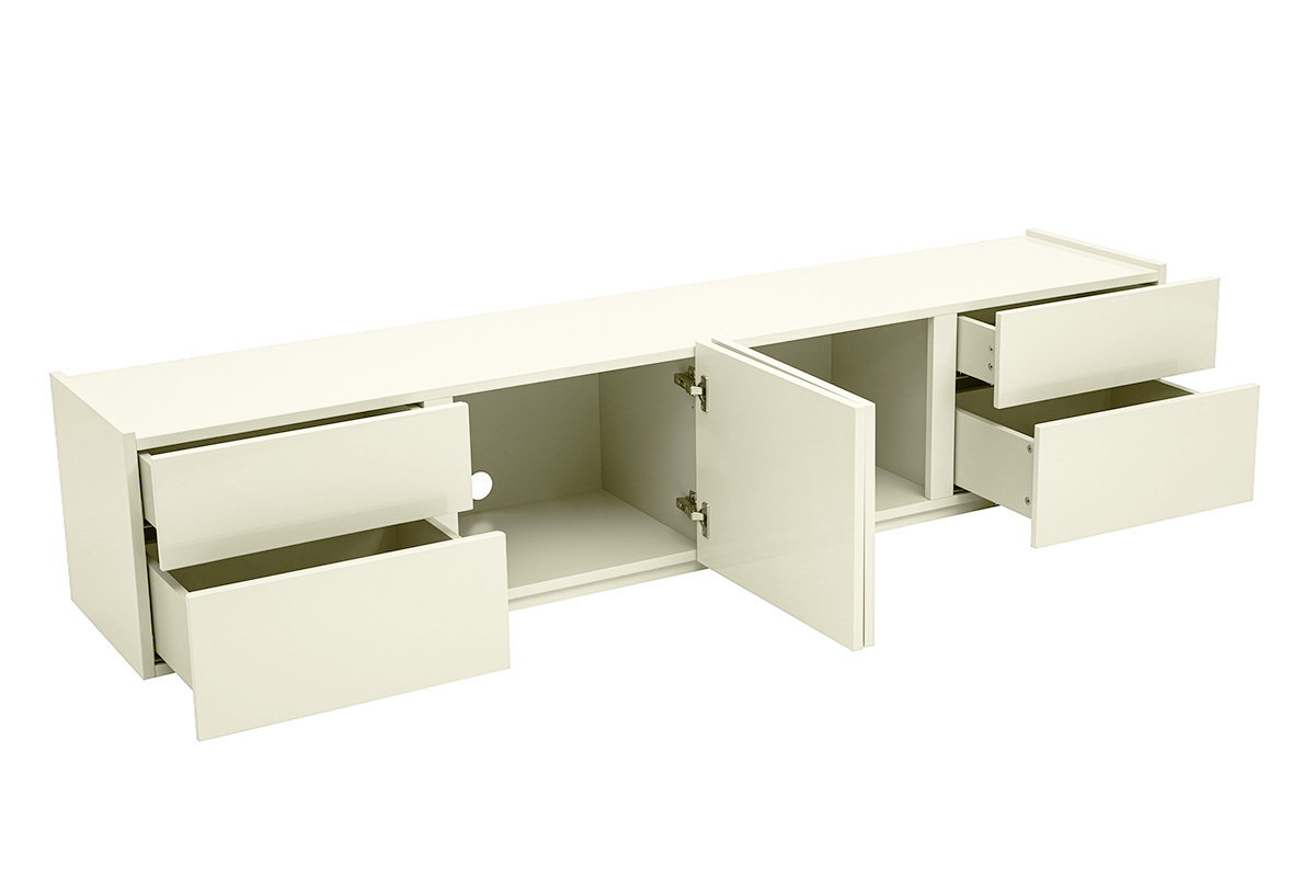 Mobile TV beige lucido con cassetti e porte aperte, vista angolare.