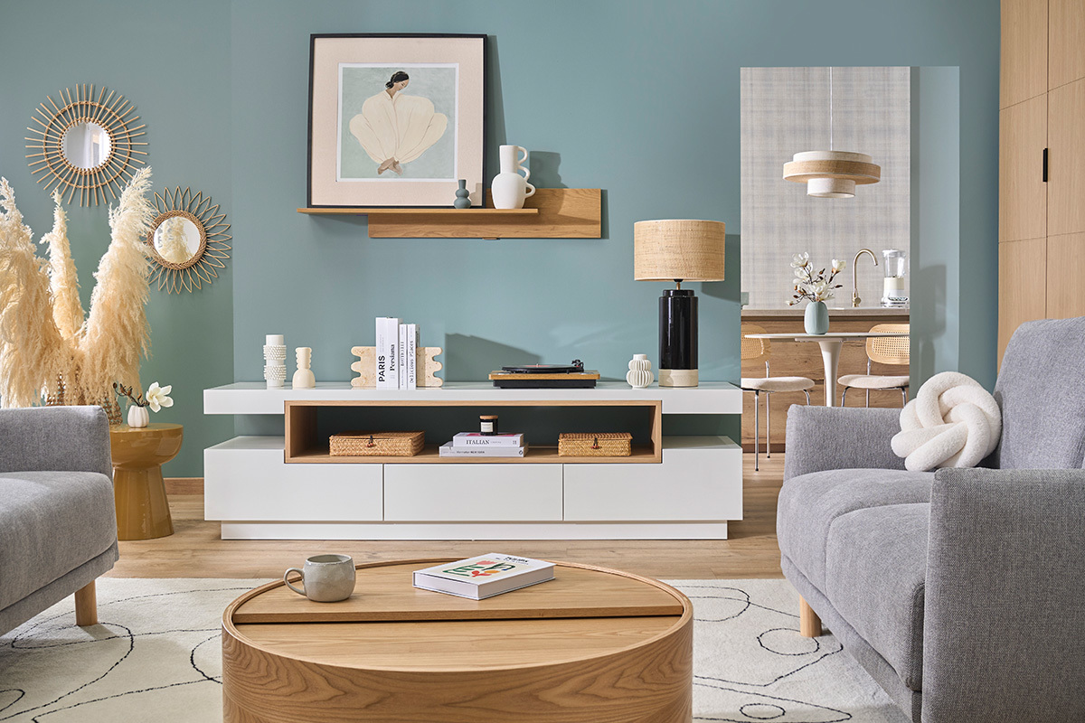 Mobile TV design bianco e legno L200 cm LIVO