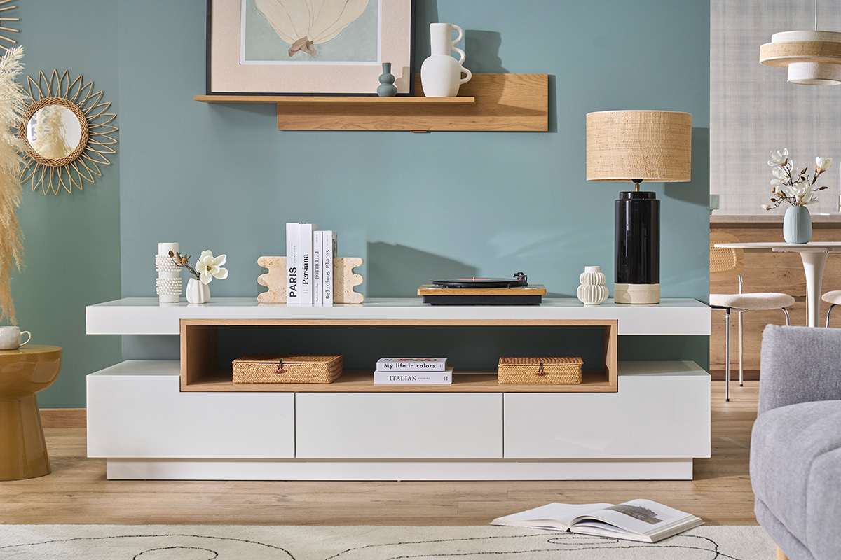 Mobile TV design bianco e legno L200 cm LIVO