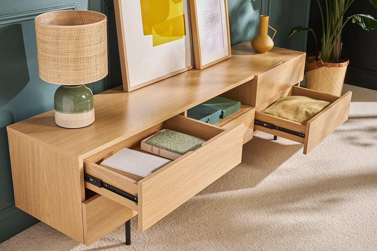Mobile TV design finitura legno chiaro rovere e metallo nero L180 cm ALASKA