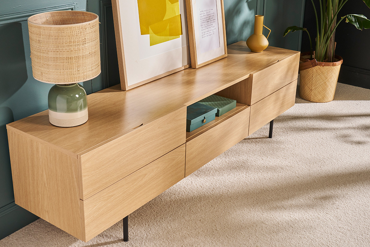 Mobile TV design finitura legno chiaro rovere e metallo nero L180 cm ALASKA
