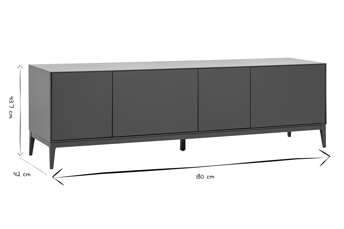 Dimensioni del mobile TV design grigio laccato: L180 cm, H43,7 cm, P42 cm in nero e bianco.
