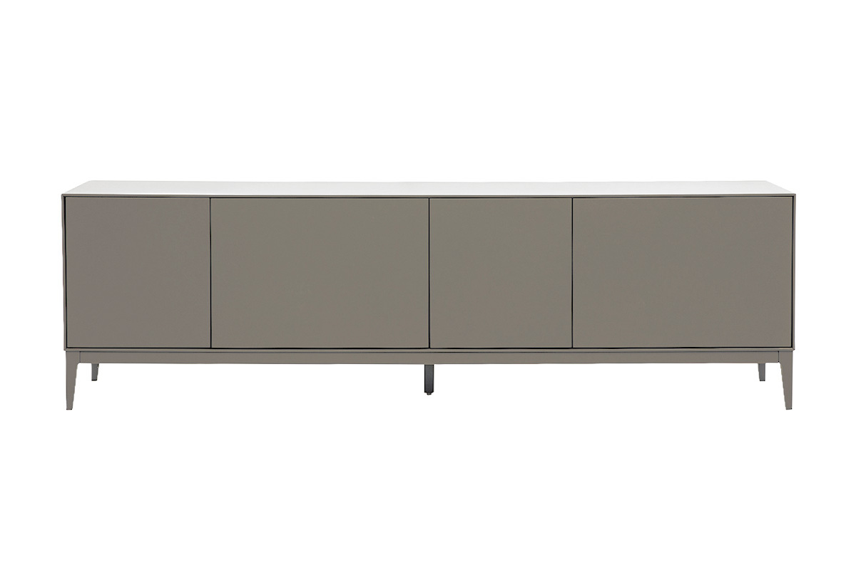 Mobile TV di design grigio laccato opaco con vani contenitore, vista frontale, dimensioni L180 cm.