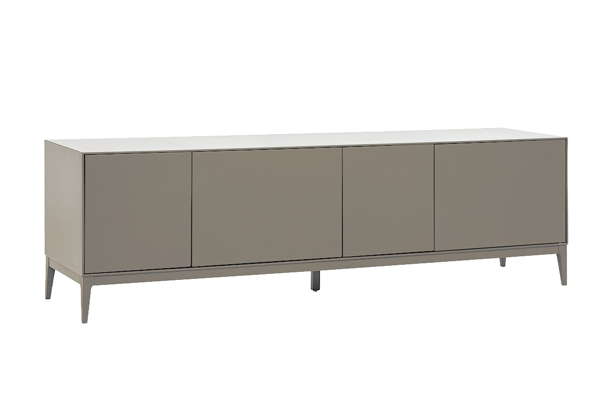 Mobile TV di design grigio laccato opaco con vani contenitori, vista a 3/4.