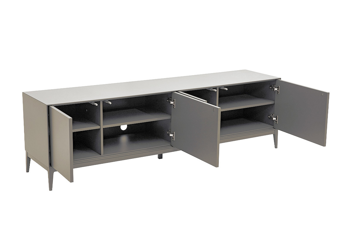 Meuble TV design grigio laccato opaco con quattro scomparti, vista a 3/4.