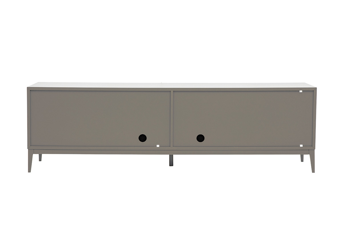 Mobile TV di design grigio laccato opaco con vani portaoggetti, vista posteriore, L180 cm.