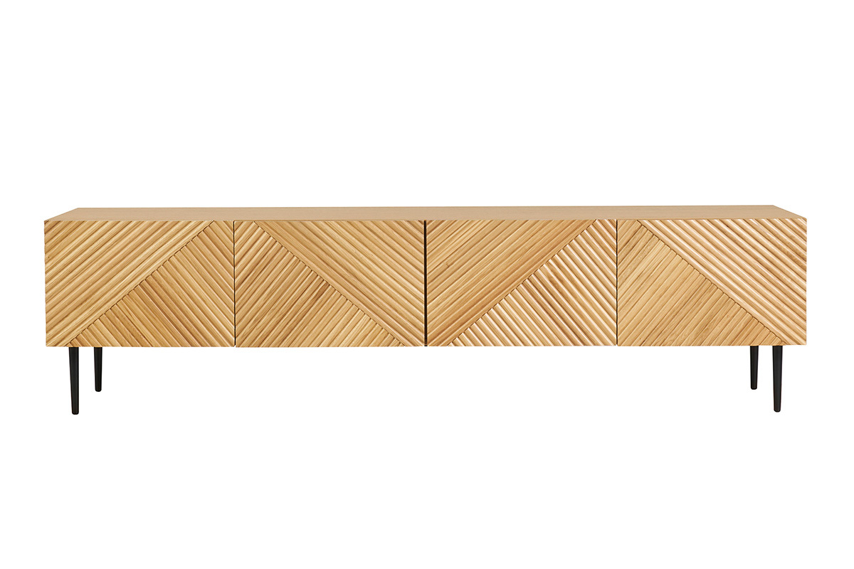 Mobile TV design in legno chiaro massello di quercia inciso e metallo nero 4 ante L180 cm ARCHIPEL