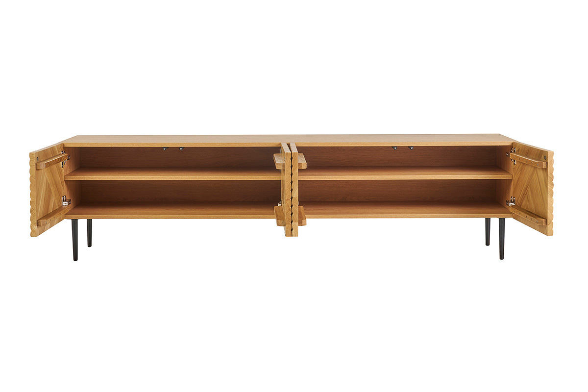 Mobile TV design in legno chiaro massello di quercia inciso e metallo nero 4 ante L180 cm ARCHIPEL