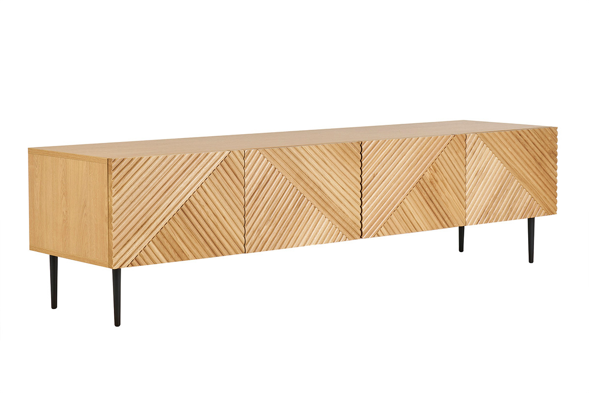 Mobile TV design in legno chiaro massello di quercia inciso e metallo nero 4 ante L180 cm ARCHIPEL