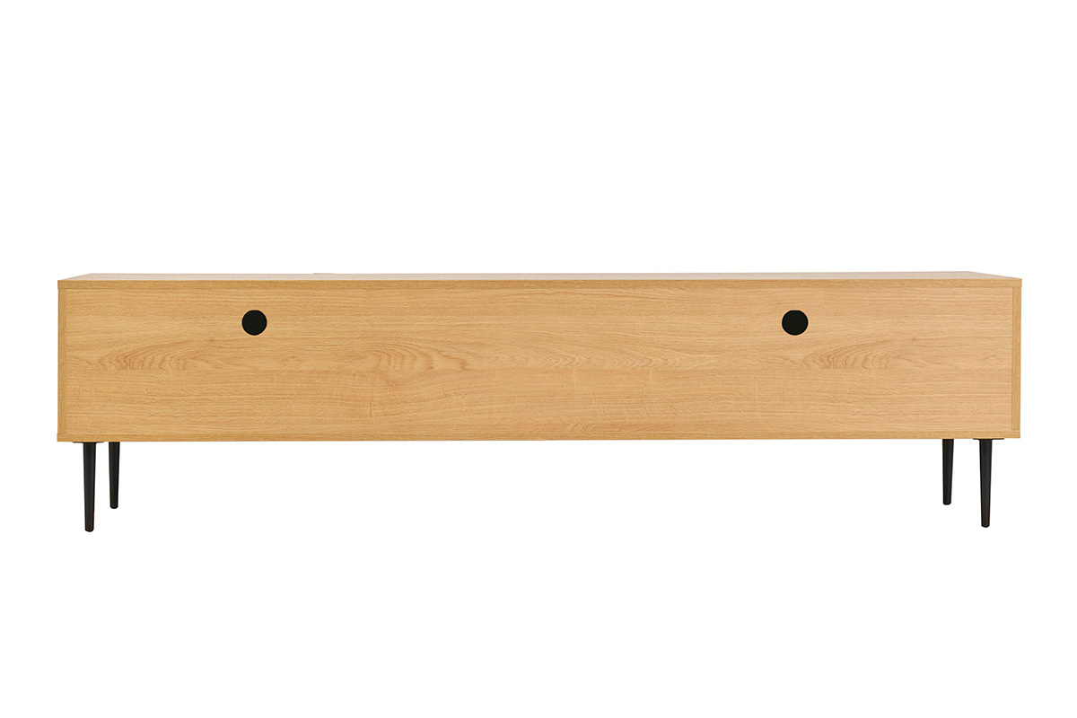 Mobile TV design in legno chiaro massello di quercia inciso e metallo nero 4 ante L180 cm ARCHIPEL
