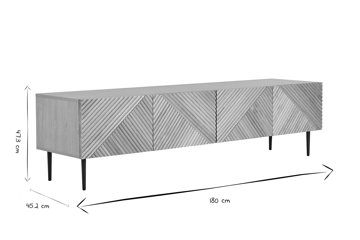 Mobile TV design in legno chiaro massello di quercia inciso e metallo nero 4 ante L180 cm ARCHIPEL