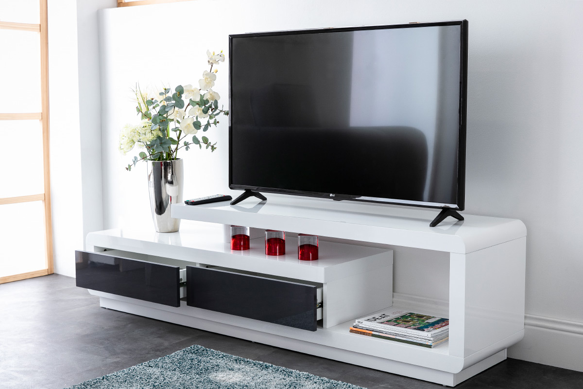 Mobile TV design laccato bianco con cassetti grigio ETANA