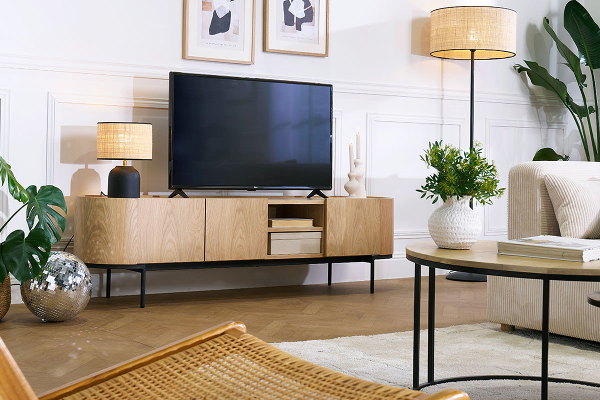 Mobile TV design legno chiaro e metallo nero con scomparti L180 cm SKYE