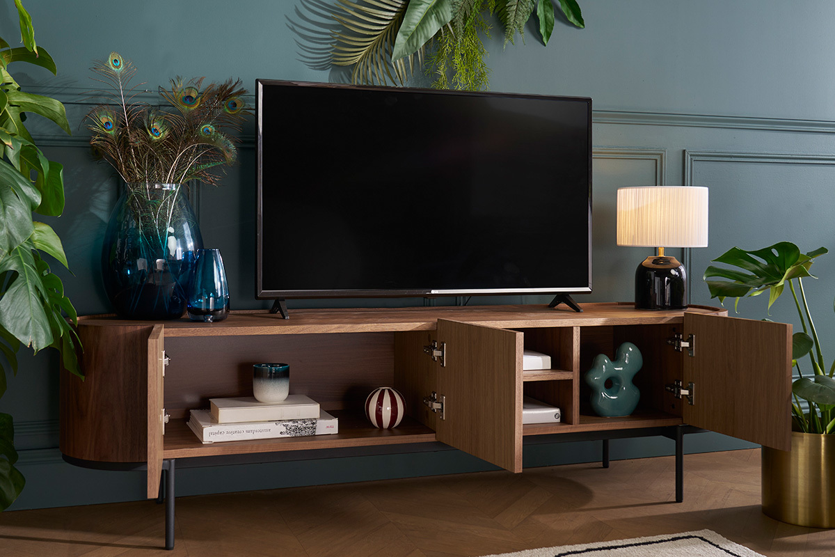 Mobile TV design legno scuro noce e metallo nero con scomparti L180 cm SKYE