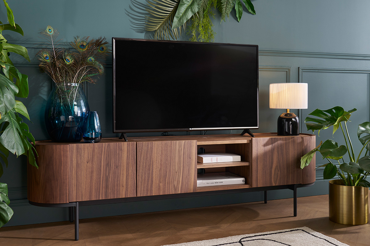 Mobile TV design legno scuro noce e metallo nero con scomparti L180 cm SKYE