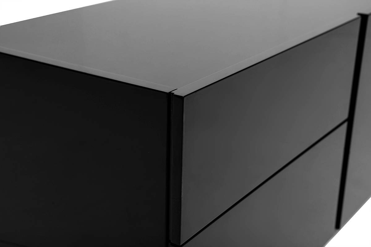 Vista ingrandita del mobile TV ISAURE nero lucido, mostrando la finitura e i cassetti.