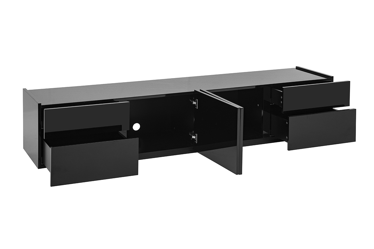 Mobile TV nero lucido con cassetti e porte aperte, vista da 3/4.