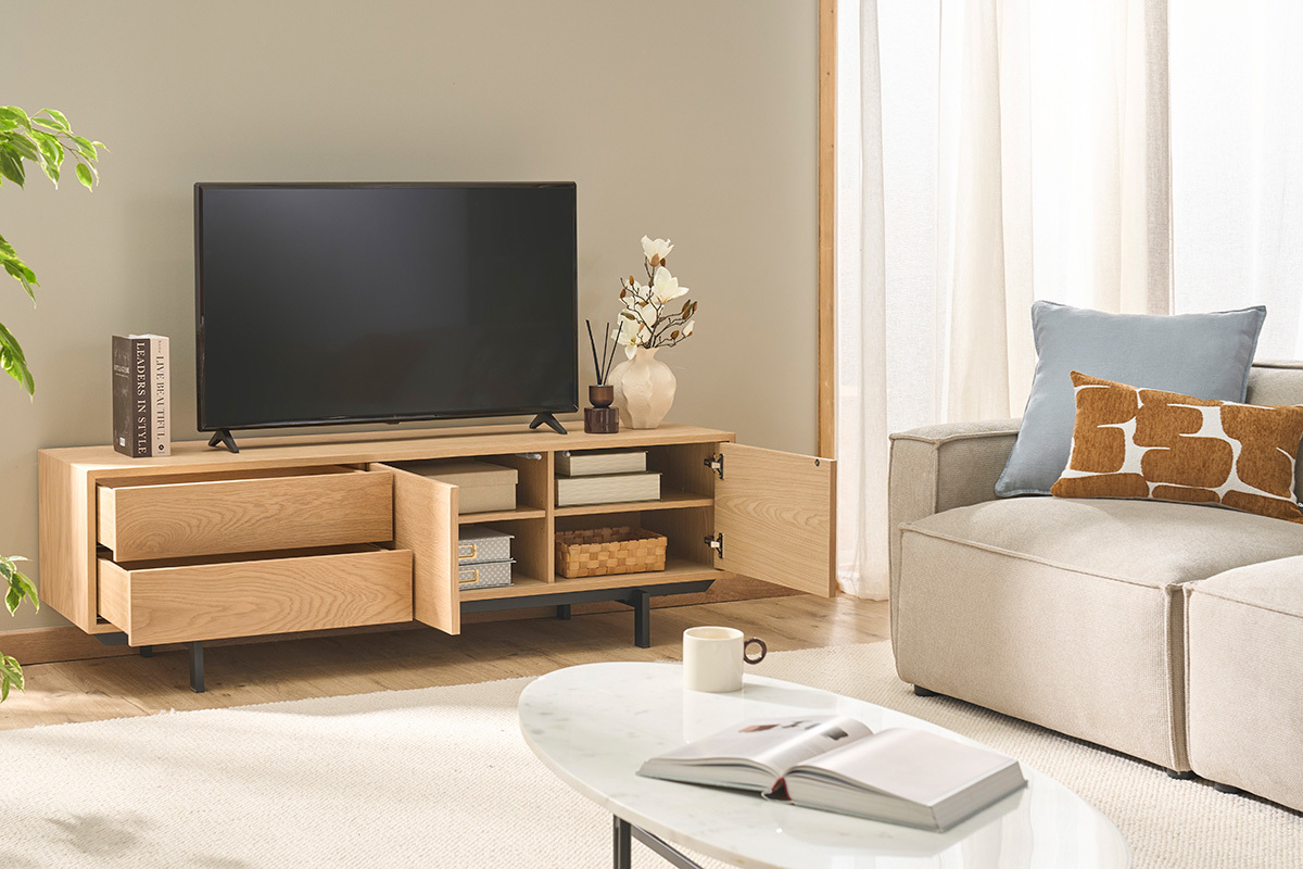 Mobile TV finitura in legno di quercia con vani chiusi L160 cm MANNY