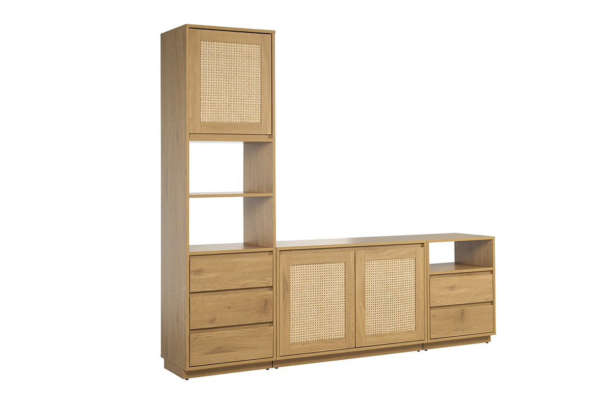 Mobile TV in legno chiaro con intreccio in rattan, vista da 3/4.