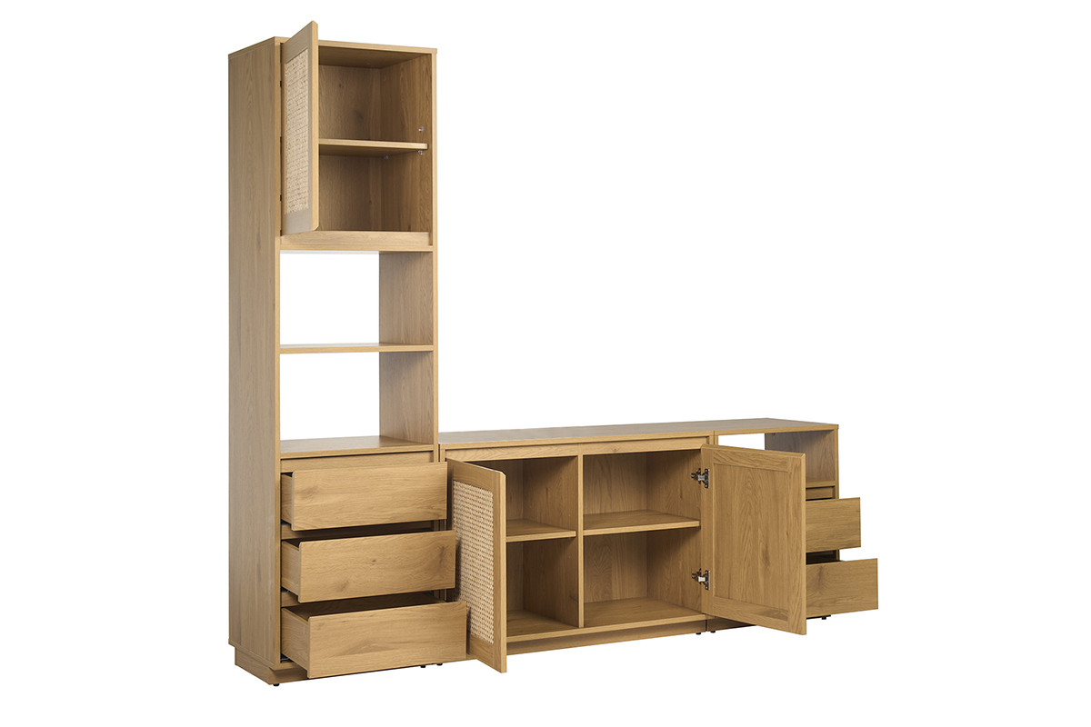 Mobile porta TV in legno chiaro con porte aperte e cassetti tirati fuori, vista laterale.