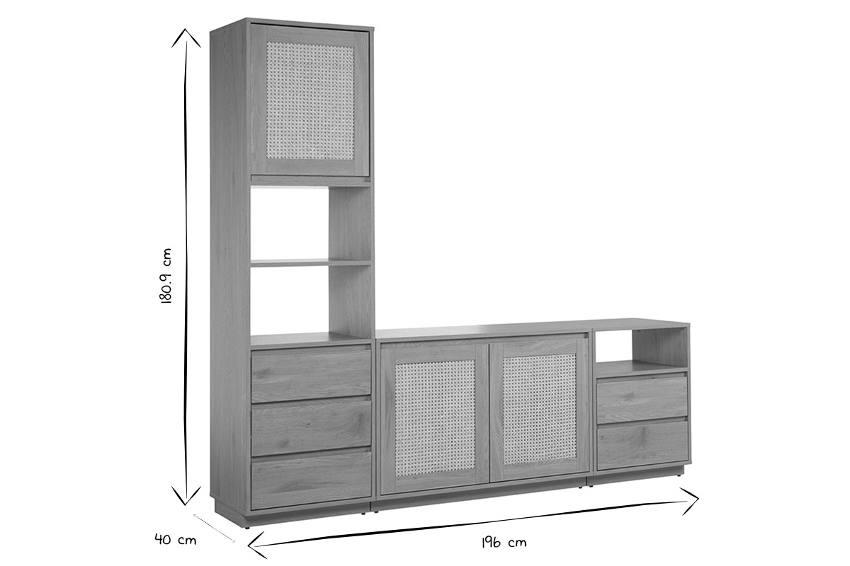 Dimensioni del mobile TV SEVILLE in nero e bianco: 196 cm di larghezza, 40 cm di profondit�, 180,9 cm di altezza.