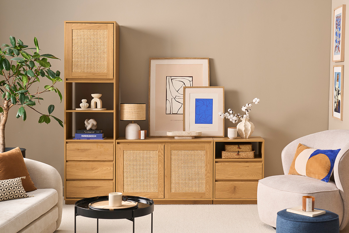 Mobile TV finitura legno chiaro quercia e rattan intrecciato L196 cm SEVILLE