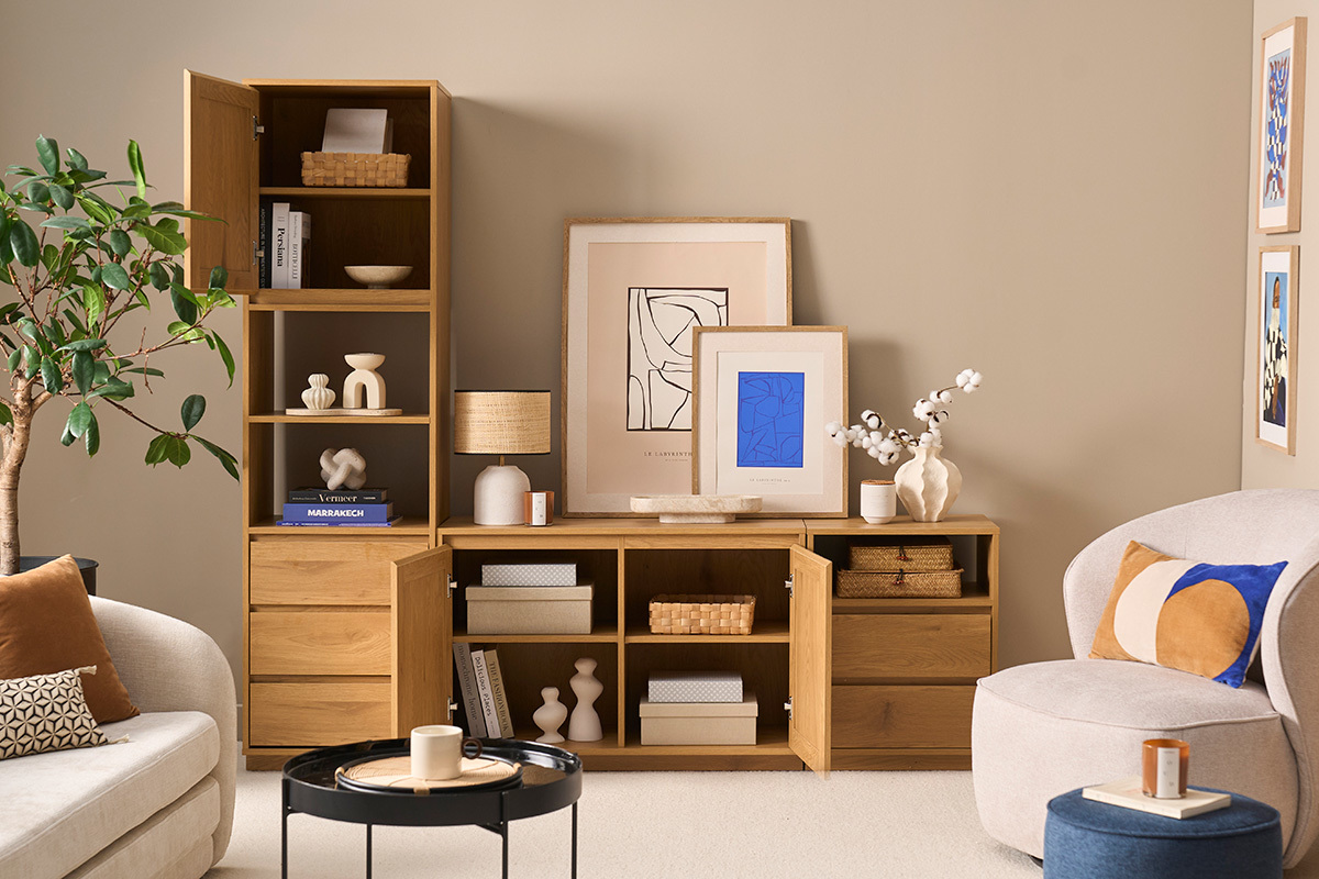 Mobile TV finitura legno chiaro quercia e rattan intrecciato L196 cm SEVILLE