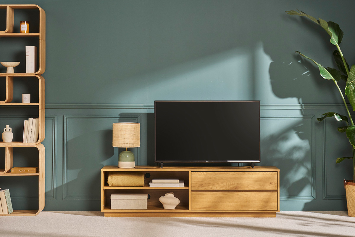 Mobile TV finitura legno chiaro rovere 2 cassetti L160 cm MADERO