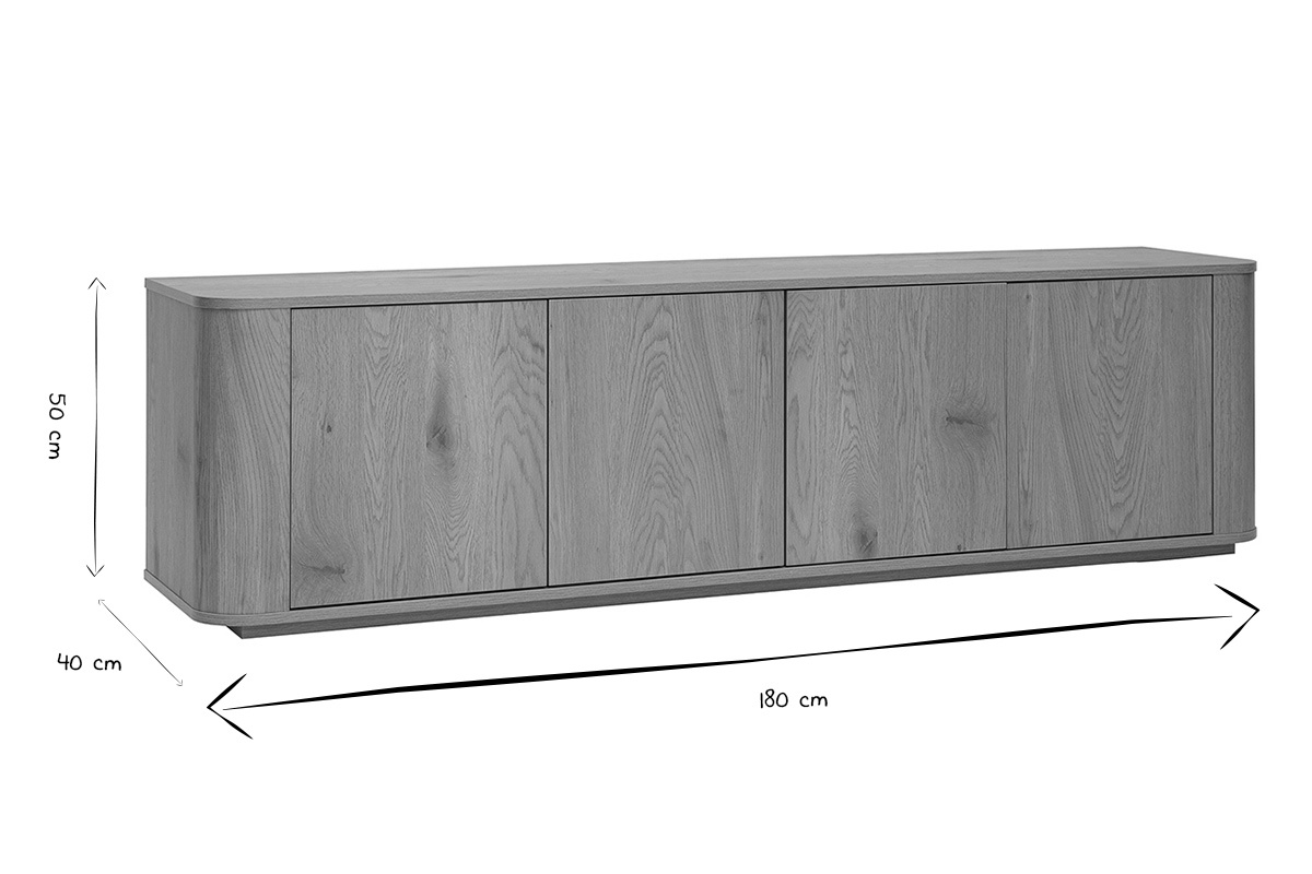 Dimensioni del mobile TV NEGAN: 180 cm di lunghezza, 50 cm di altezza e 40 cm di profondit� in nero e bianco.