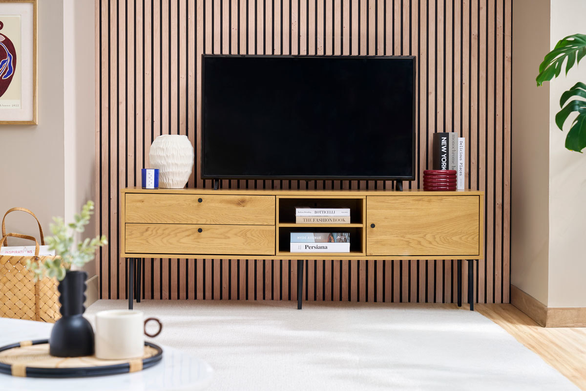 Mobile TV finitura legno chiaro rovere e base metallo nero L160 cm PERNELLE