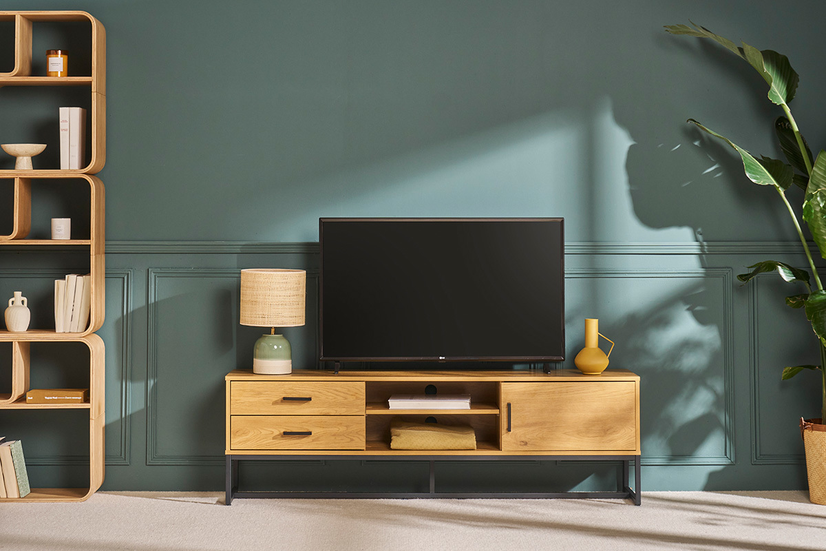Mobile TV finitura legno chiaro rovere e metallo nero L160 cm LOVATO