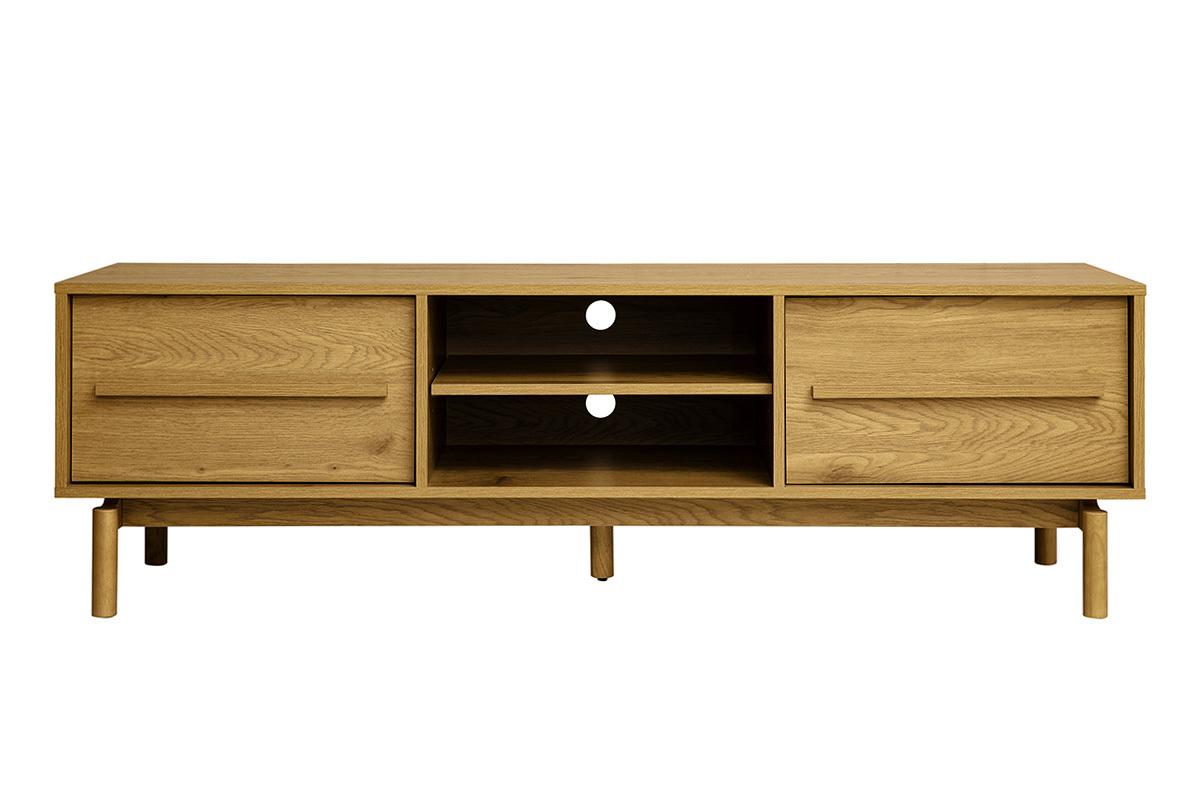 Mobile TV in legno di quercia L160 cm con due cassetti chiusi e nicchie aperte, vista frontale
