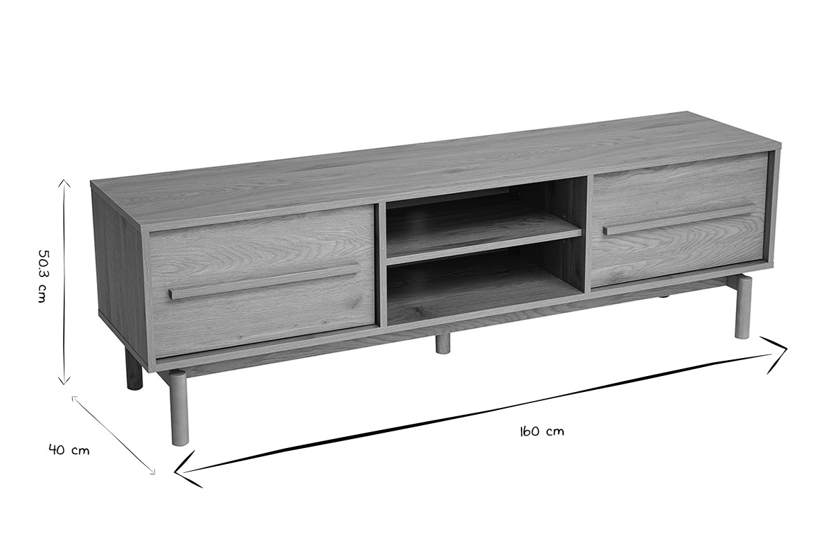 Dimensioni del mobile TV YSEULT: L160 cm, H50,3 cm, P40 cm in bianco e nero.