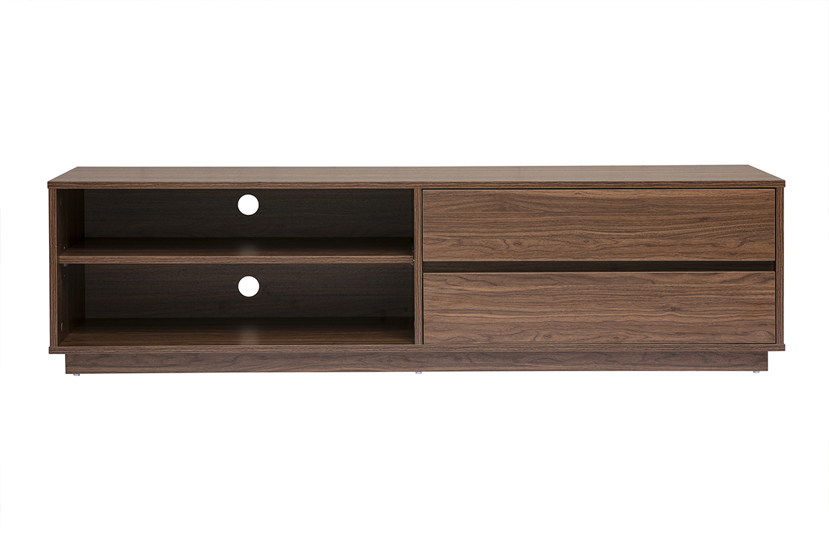 Mobile TV in noce scuro, 2 cassetti e 2 nicchie, vista frontale.